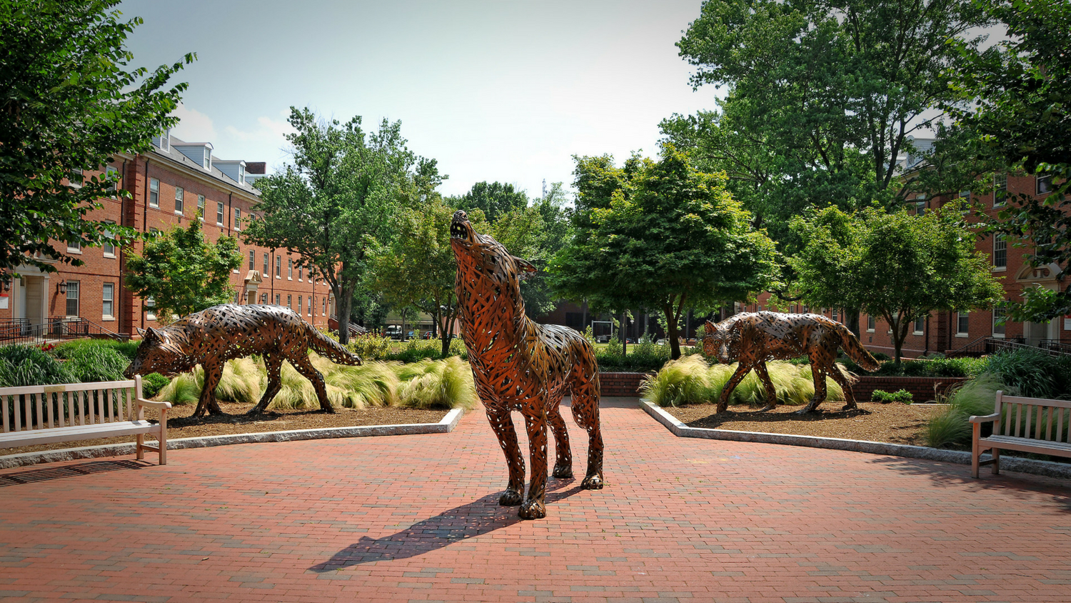 Outdoor plaza with three metal wolf statues
